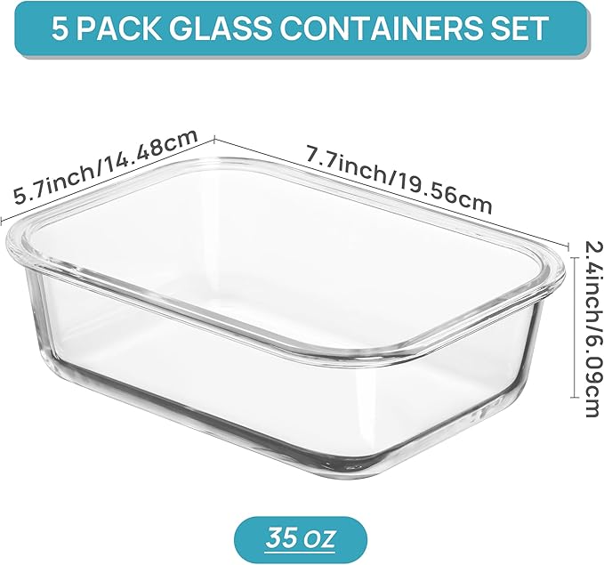 Vtopmart 10 Pack 35oz Glass Food Storage Containers with Lids, Meal Prep Containers, Airtight Reusable Lunch Container Set, Safe for Oven, Microwave, Freezer, and Dishwasher, Grey