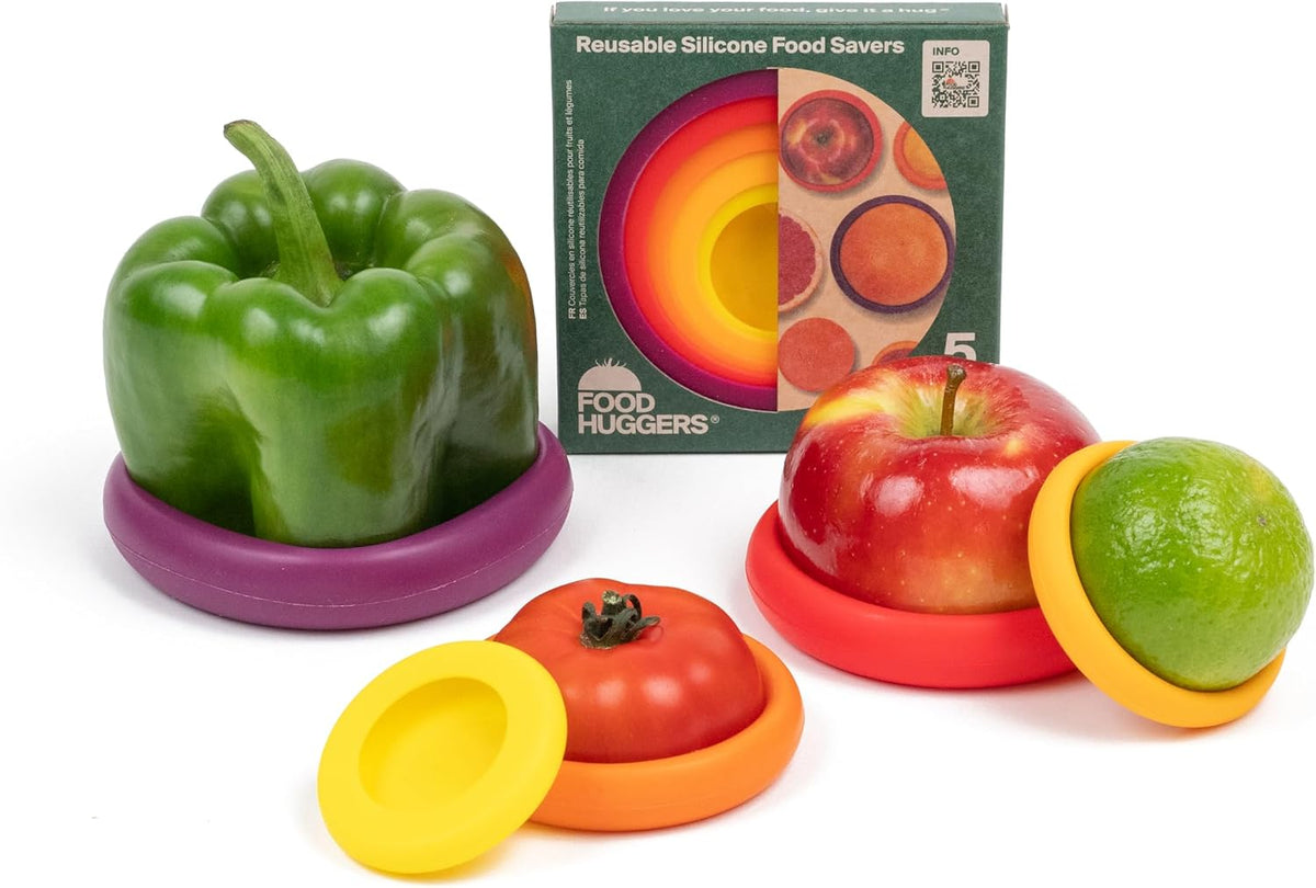 5pc Reusable Silicone Food Savers | BPA Free | Plastic Free Food Storage | Dishwasher Safe | Fruit & Vegetable Storage for Onion, Tomato, Lemon, Banana & Cans | Round, Autumn Harvest