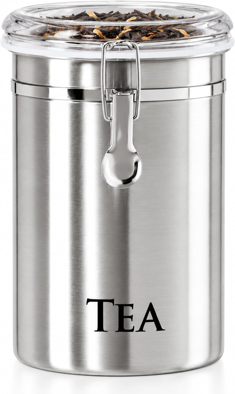 Oggi Stainless Steel Tea Canister 62 fl oz - Airtight Clamp Lid, Clear See-Thru Top - Ideal for Tea Bag, Loose Tea, Kitchen Storage, Pantry Storage. Large Size 5" x 7.5".