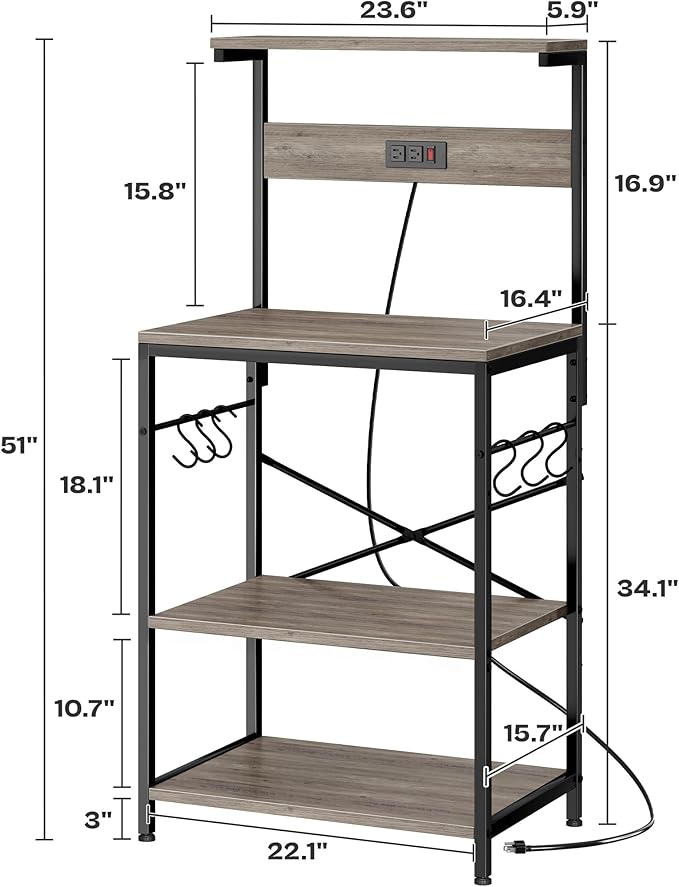 SUPERJARE Kitchen Bakers Rack with Power Outlet, Coffee Bar Table 4 Tiers, Kitchen Microwave Stand with 6 S-shaped Hooks, Kitchen Storage Shelf Rack for Spices, Pots and Pans - Greige