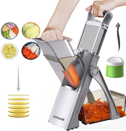 Jonscook All-in-1 Upgraded Safe Mandoline Slicer for Kitchen, with Handheld Spiralizer, Food Chopper with Container, Thickness Adjustable Vegetable Chopper, Potato French Fry Cutter (High-grade Gray)