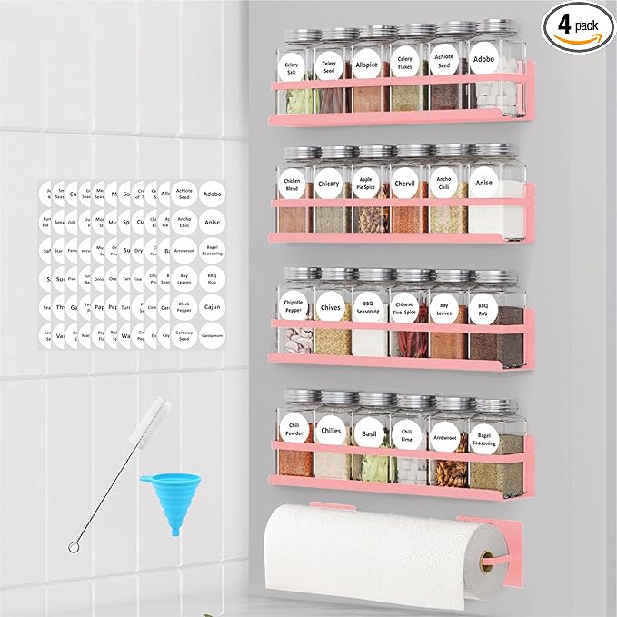 Magnetic Spice Rack with Jars Magnetic Spice Rack for Refrigerator 24 Spice Jars with Label Magnetic Shelves for Fridge 4 Pack Pink