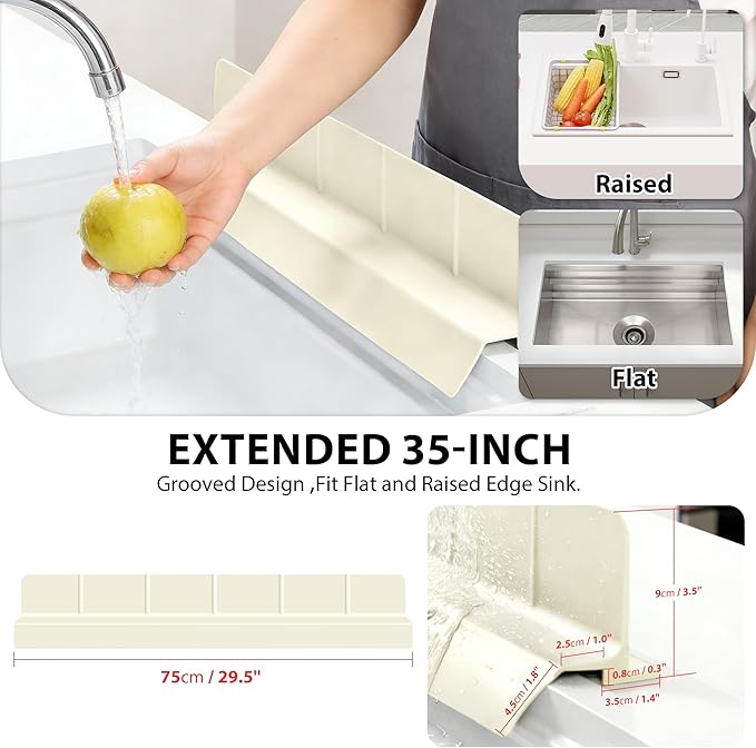 29Inch Sink Splash Guard – Extended Length & Tall Silicone Kitchen Sink Splash Guard with Overhang Drainage Design & Strong Suction Cups for Countertop(White, 29''x3.5'')