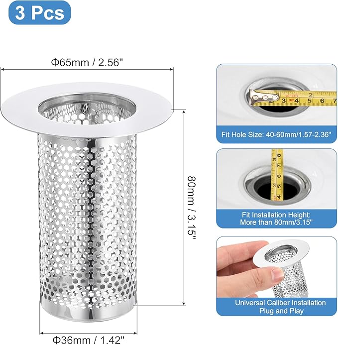 uxcell 3 Pack Shower Drain Strainer, 3.1" x 2.5" Stainless Steel Floor Drain Strainer Deep Sink Hair Catcher for Kitchen Bathroom Balcony Floor Drain, Fit Hole Size from 1.57" to 2.56"