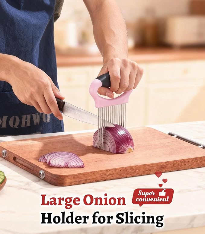 Large Onion Slicer Holder, Stainless Steel Onion Holder for Slicing, Onion Cutter Vegetable Chopper with 14 Sharp Needles for Slicing of Tomato Avocados & Meat Tenderizer, Kitchen Gadgets for Cooking