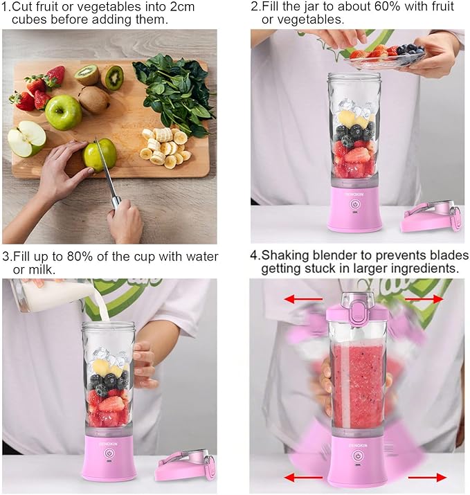 DENOKIN Portable Blender, Shakes and Smoothies Cordless Personal Size Blender 20oz with 6 Blade and a Travel Lid (Purpleish Pink)