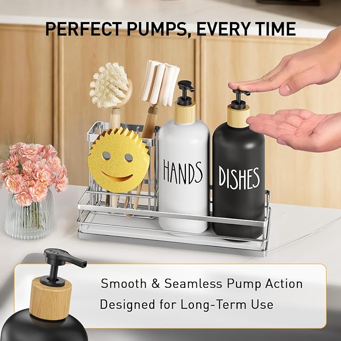 Moforoco Kitchen Dish Soap Dispenser Set, 16OZ Glass Bottle, Hand and Dish Soap Dispenser Set, Instant Dry Tray, Brush Holder with Smiley Face Sponge Holder (Silver Tray+Black&White Bottle)