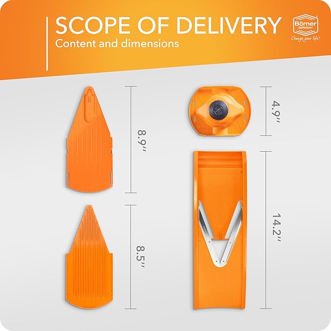 Borner Mandoline Food Slicer V1 (Basic Set) by Reston Lloyd • V-Slicer with Food Holder • Made in Germany • Fruit & Vegetable Chopper • Multiple Settings • Color: Orange