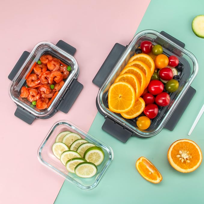 10 Pack Glass Food Storage Containers with Lids, Airtight Meal Prep Containers, Glass Lunch Containers Built in Air Vents, Dishwasher Safe, Grey