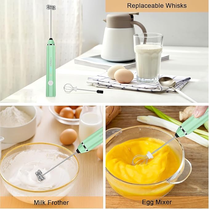Philorn Milk Frother Wand Handheld Rechargeable Electric Whisk Coffee Drink Mixer, Mini Foamer for Lattes, Cappuccino, Frappe, Matcha, Hot Chocolate, Protein Powder, Keto Diet (Green 2 Heads)