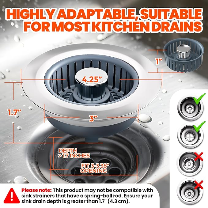 Kitchen Sink Drain Strainer & Sink Stopper, Upgraded 3 in 1 Stainless Steel Drain Plug Combo with Anti-Clog Basket, Pop Up Drain Cover for Standard 3-1/2'', Fits Double Bowl Kitchen Sinks