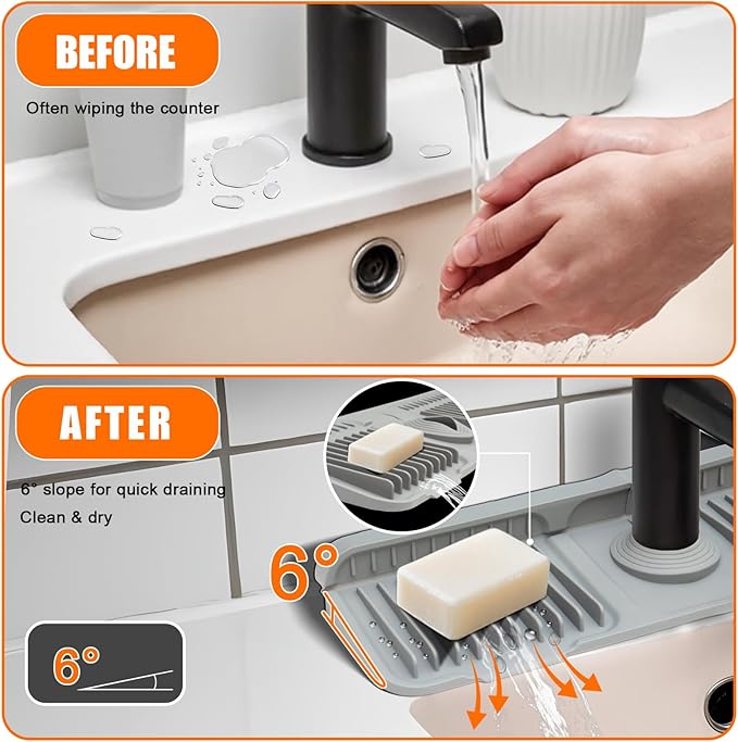 17.7" Silicone Faucet Mat for Kitchen Sink,7° Draining Mat with Snap Button Lock,Faucet Splash Guard and Sink Counter Organizer,Trim-to-Fit Kitchen Faucet Protector for Sponge Brush Cup