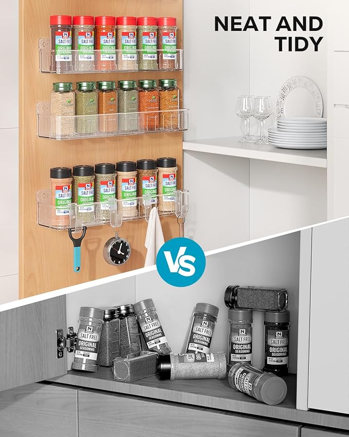 Nieifi Spice Rack Wall Mount, 4 Pack, Clear, Screw or Adhesive Installation, Spice Rack Organizer for Small Spice Jars, Suitable for Kitchen Cabinet or Pantry Door