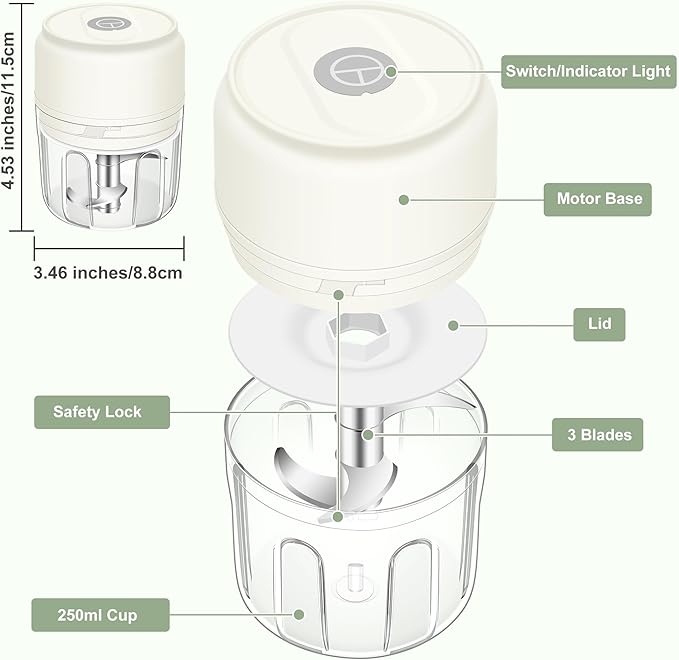 250ML Mini Electric Garlic Mincer, Onion Chopper Grinder Masher, USB Wireless Garlic Press, Small Food Processor Blender for Vegetable Ginger Chili, White