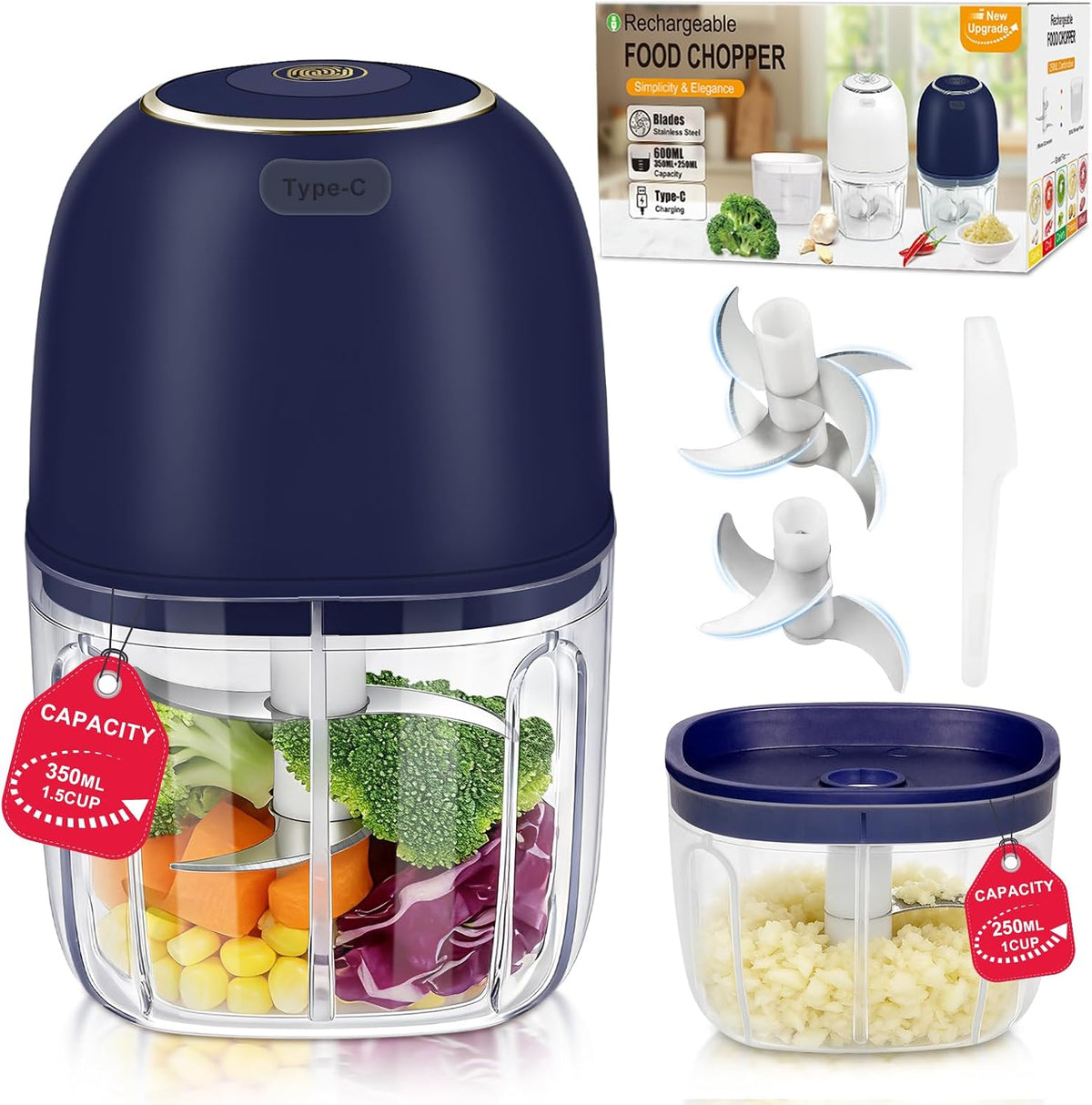 Electric Mini Food Chopper with 2 Plastic Bowls(1Cup&1.5Cup), Blue