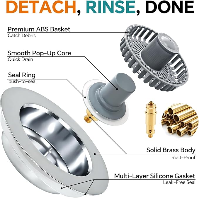 Solid Brass Body 3-in-1 Kitchen Sink Drain Strainer & Stopper, Heavy Duty Pop Up Plug Assembly with 2 Baskets, Anti-Clog Replacement for US Standard 3-1/2 Inch Drains, Rust-Proof Silver