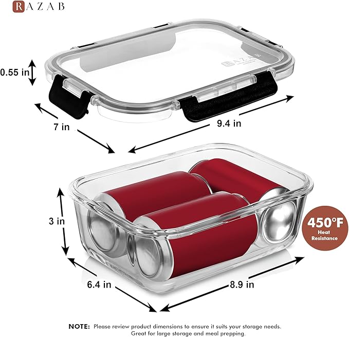 Razab 2 Pcs 1860ml / 63 Oz Large Glass Food Storage Containers with Lids - Glass Meal Prep Containers with Locking Lids for Roasting, Storing Leftover, Lunch Container, BPA Free, Microwave & Oven Safe