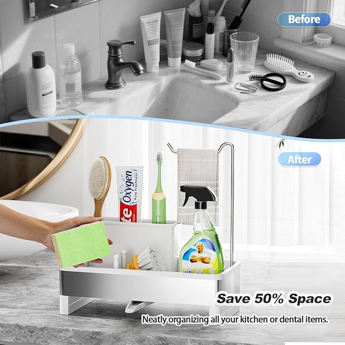 Ewaiira Sponge Holder for Kitchen Sink, Stainless Steel Sink Caddy with Brush Holder & Dishcloth Rack, Countertop Sink Organizer, Soap Dispenser Kitchen Organizers Storage Essentials (D-Black 9.8″)