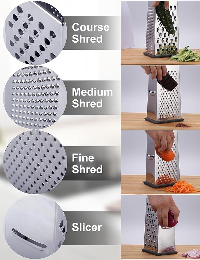 Cheese Grater, 4-Sided Stainless Steel Box Grater, Food Shredder for Cheese, Parmesan, Vegetable