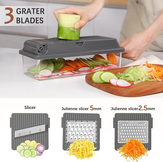 LHS Professional Multifunctional Vegetable Chopper Pro Food Chopper with Food Storage Containers, Mandoline Slicer Onion Dicer Fruit Cutter, Kitchen Gadgets and Home Essentials(11 in 1, Grey)