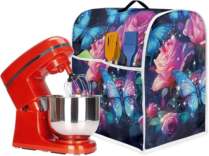Rose Butterfly Mixer Cover | Compatible with 4.5-5 Quart Tilt Head & Bowl Lift Mixers | Dust Protector with Pockets for Accessories