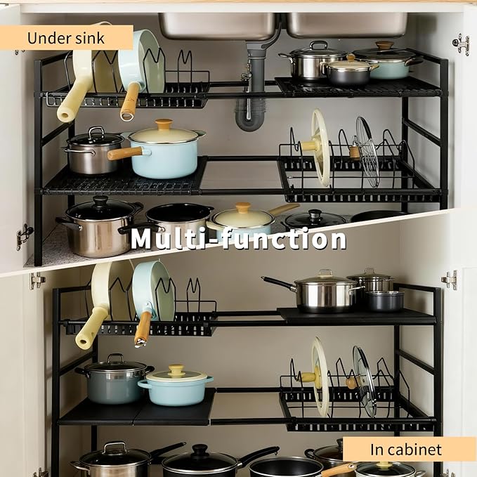 Pots and Pans Organizer Under Cabinet, Expandable Pots Organizers Inside Cabinet, Adjustable Height Under Sink Shelf 2 Tier with 10 Dividers Under Cabinet Shelf, Pot and Pan Lid Holder Rack (Black)