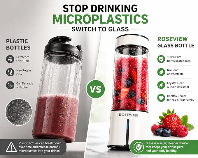 Portable Smoothie blender ROSEVIEW Glass bottle USB rechargeable mini Handheld Ice Shakes Cup 2 blend juicer Cordless Personal smoothies maker Fruit blast mixer