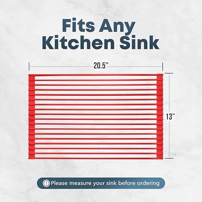Zulay Kitchen Large Roll Up Dish Drying Rack - Heavy Duty Silicone Wrapped Steel Rods Over Sink Dish Drying Rack - Versatile Roll Up Sink Drying Rack & Trivet - Red,20.5 inches x 13 inches