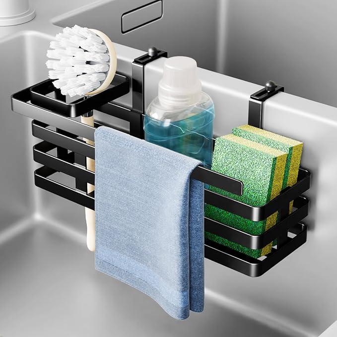 NiHome Sponge Holder for Kitchen Sink, Over Sink Divider Caddy for Double Sinks, Multi-Compartment Storage Organizer for Sponge, Brush & Stopper, L-Shaped Hooks, Adjustable Fast Drainage