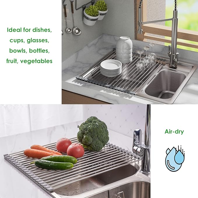 Tomorotec Roll Up Dish Drying Rack Over the Sink Grey Large Dish Drying Rack Rolling Foldable Collapsible SUS304 Stainless Steel Multipurpose Dish Drainer for Kitchen Counter (21”x15.7”)