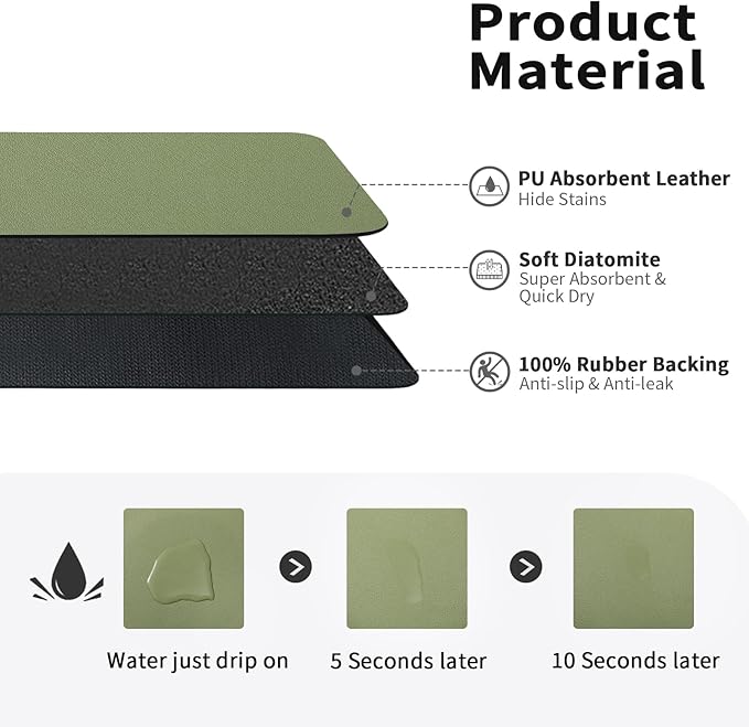 HotLive Dish Drying Mat for Kitchen Counter, Heat Resistant Drainer Mats with Non-slip Rubber Backed, Hide Stain Kitchen Super Absorbent Draining Mat, Easy to Clean Dish Rack Pad, Green 18"x24"