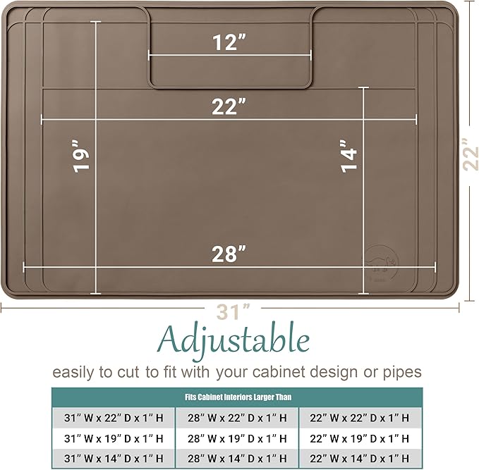 The Original Under Sink Mat - Silicone Waterproof mat, Trimmable, Easy to Clean, Kitchen cabinet liner, Under sink protector mats, Drip Tray with Lip (Brown, 31" x 22")