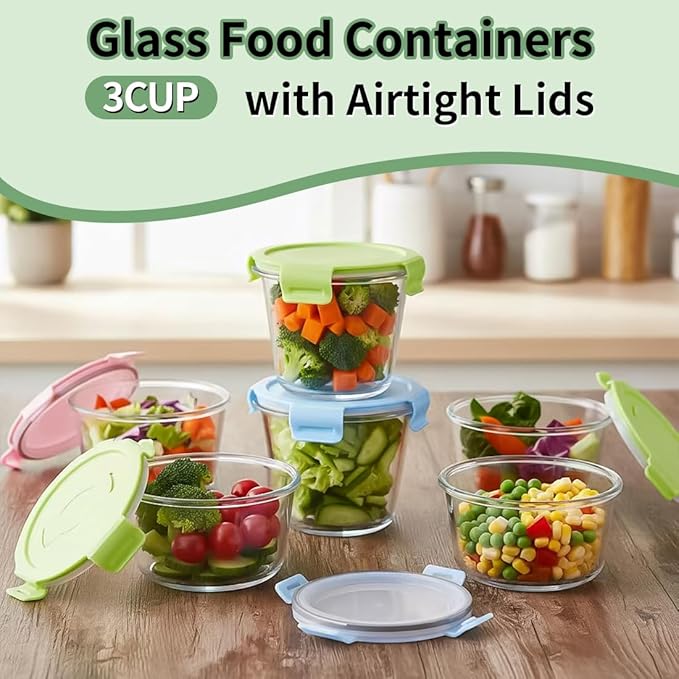 3 Cup Round Glass Soup Containers with Lids and Spoon, 24oz Round Glass Food Containers, BPA free Tall Meal Prep Bowls for Soup Leftover, Microwave, Dishwasher, and Freezer Safe (4 Packs)