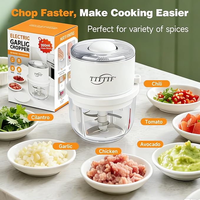 Electric Garlic Chopper, 350ML Glass Bowl Mini Food Processor, Portable Veggie Chopper Onion Garlic Grinder, Wireless Blender for Ginger, Chili, Fruit, Meat, etc