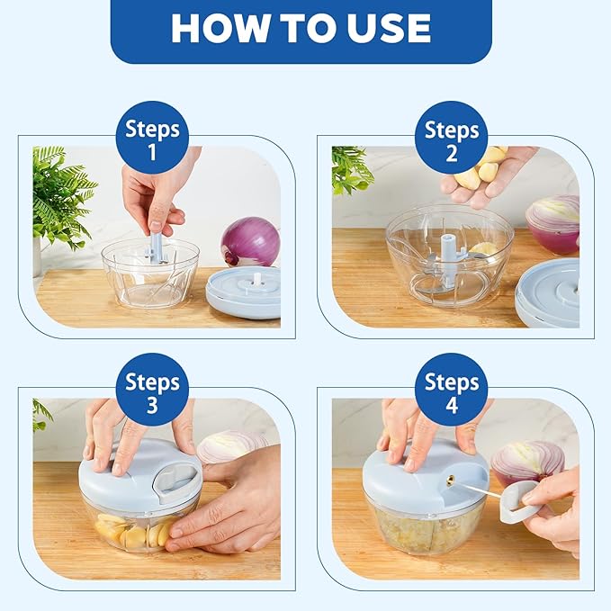 Manual Food Processor Vegetable Chopper, Portable Hand Pull String Garlic Mincer Onion Cutter for Veggies, Suitable for Vegetables, Ginger, Garlic, Fruits, Onion, Potato, Salad (Blue 500 ml)