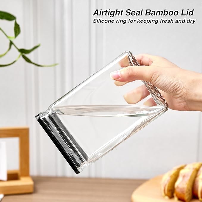 Glass Storage Jars with Bamboo Lids, 27oz Square Food Storage Containers for Kitchen Pantry Organization