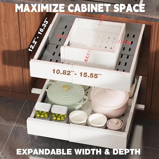 Seinloes Pull Out Cabinet Organizer,4-Side Expandable to Maximize Cabinet Space,Slide Out Drawers with 3 Rail Design,Roll Out Shelf with Raising Pad for Framed Cabinet,11"-16"W x 13"-17"D,White,2 Pack