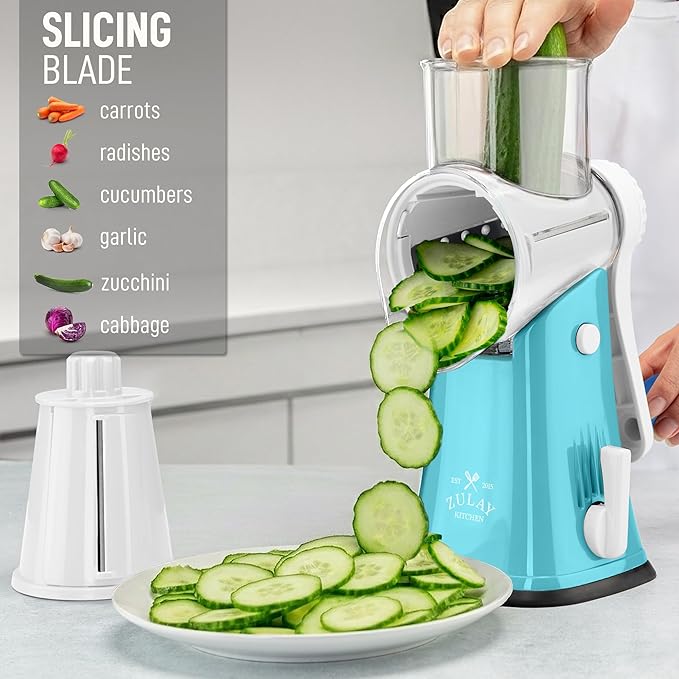 Zulay Kitchen Rotary Cheese Grater 5 Blade Cheese Shredder - Manual Hand Crank Cheese Grater With Reinforced Suction & 5 Interchangeable Drums