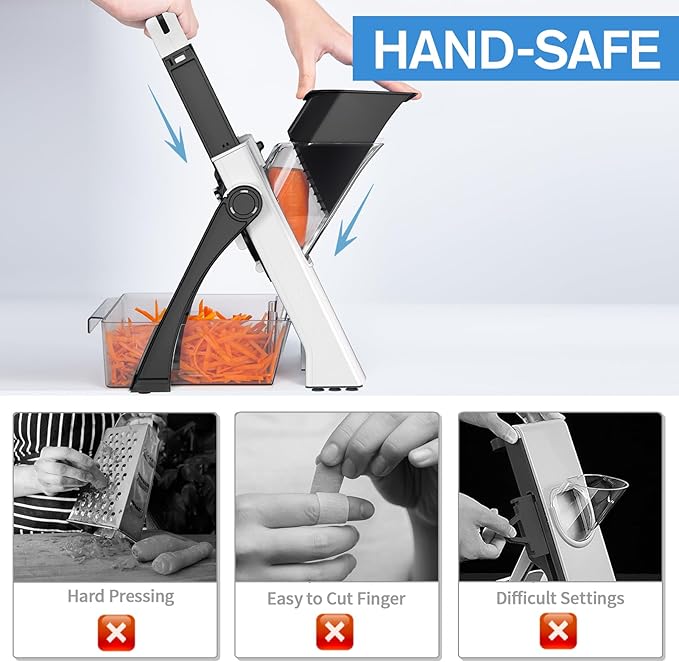 [All in 1] Upgraded Version Safe Mandoline Slicer for Kitchen, Adjustable Thickness. Veggie Slicer, Rapid Prep Mandoline, Detachable Blade, Cleaning Brush (WhiteBlack)
