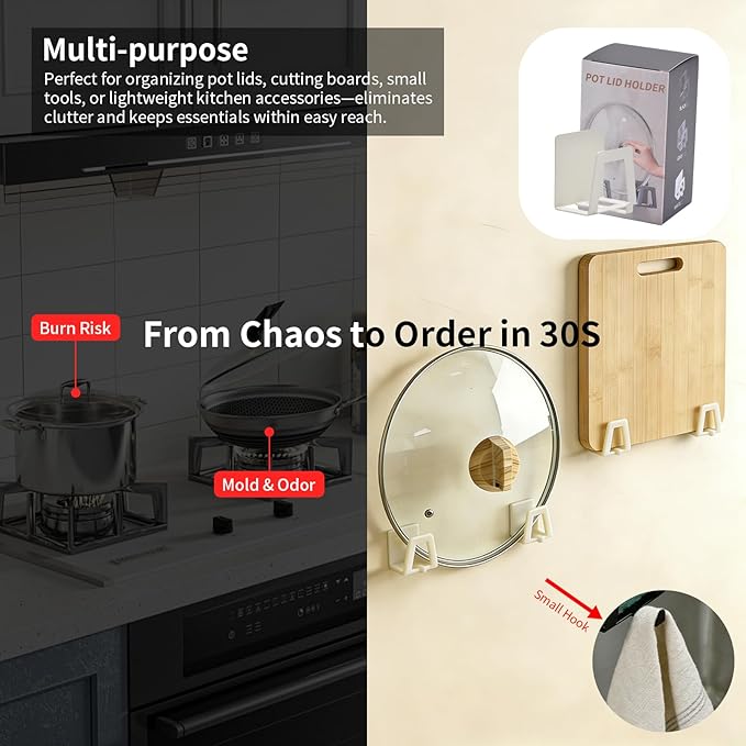 12 Pack Pot Lid Holders with Hook, Pot and Pan Hangers for Kitchen Inside Cabinet Wall Mount Rack Cabinet Door Lid Organizer, Save More Space, White