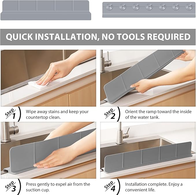 23Inch Sink Splash Guard – Extended Length & Tall Silicone Kitchen Sink Splash Guard with Overhang Drainage Design & Strong Suction Cups for Countertop (Dark Grey, 23''x3.5'')