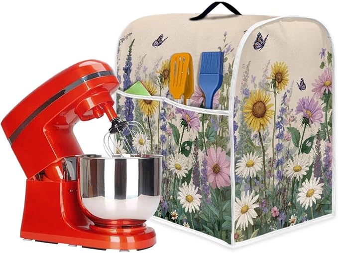 Sunflower Daisy Butterfly Blender Dust Cover for 4.5-5 Qt Kitchen Stand Mixer with Carrying Handle & Accessory Pocket Machine Washable Appliance Protector for Countertop Storage