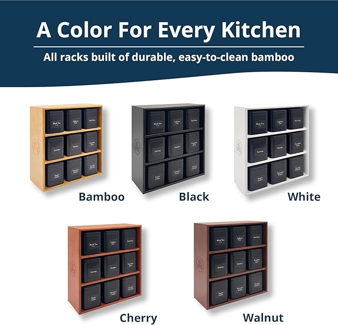 AllSpice Tea Organizer Rack with 9 Tins & 160 Magnetic Labels – Perfect for Bagged & Loose Leaf Tea Organization - Walnut