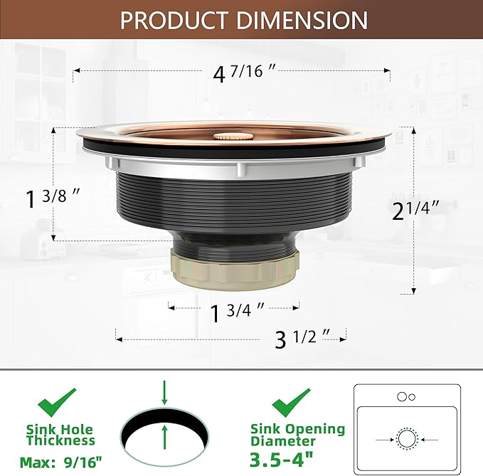 Kitchen Sink Drain Copper 3-1/2 Inch Stainless Steel Kitchen Drain Strainer Assembly Kit with Strainer Basket and Drain Stopper for Standard Sink Drains Antique Copper