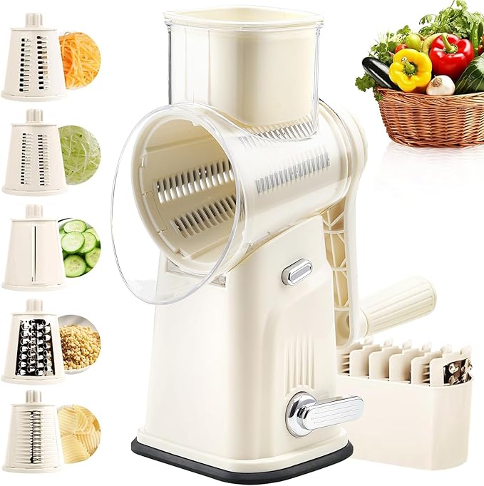 Rotary Cheese Grater with Handle, Vegetable Shredder with 5 Replaceable Blades & Strong Suction Base, Round Food Slicer & Chopper for Kitchen Fruit Vegetables Nuts with Blade Storage Box (Beige)