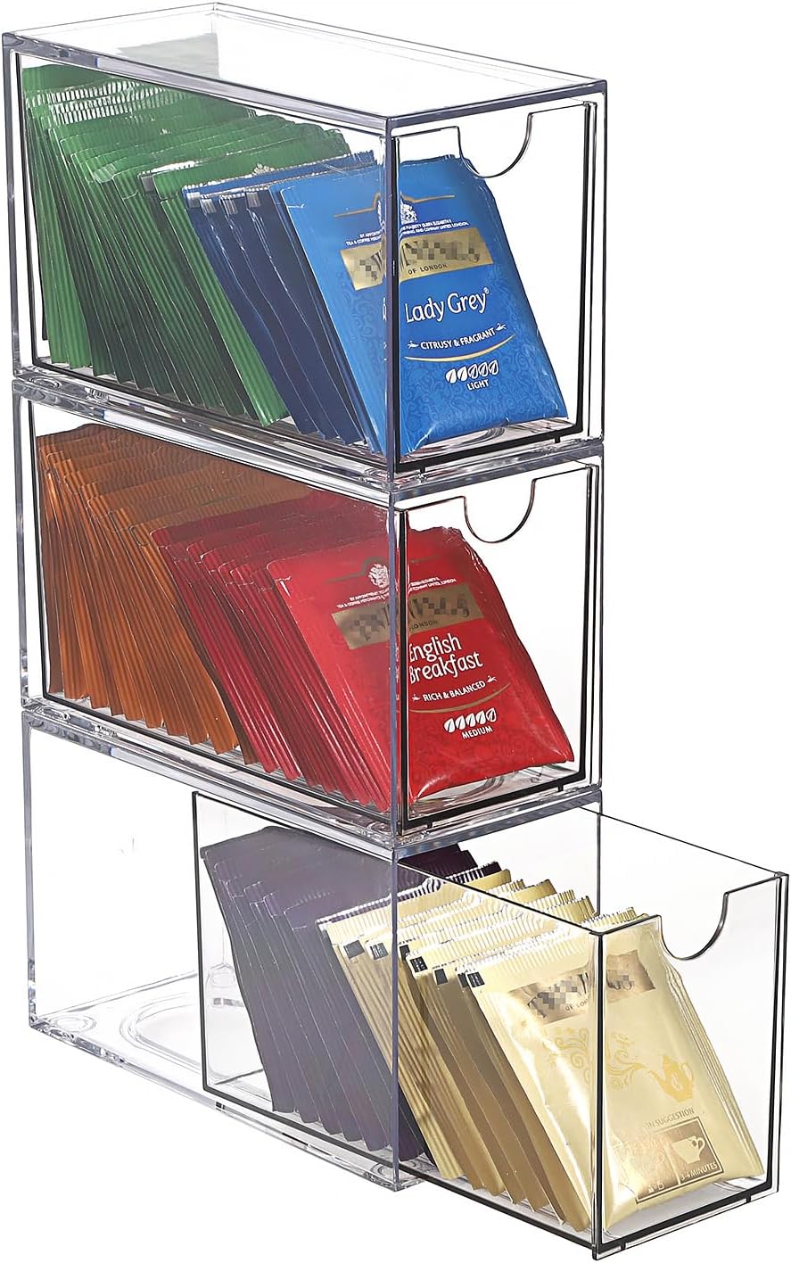 3 Drawers Tea Bag Organizer, Clear Acrylic Stackable Tea Bag Storage Holder for Kitchen Pantry, Coffee Pod Snack Storage for Countertop Cabinet
