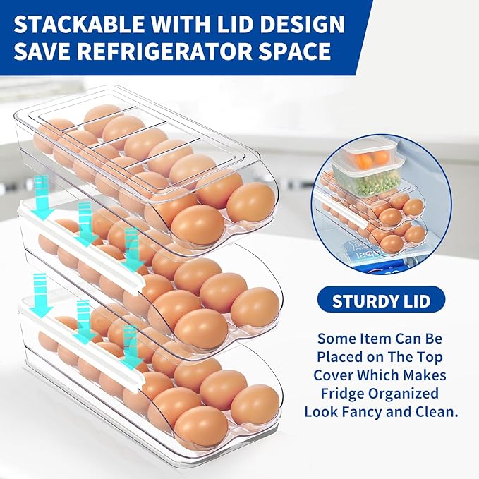 MesRosa Egg Holder for Fridge, Automatic Rolling Egg Organizer for Refrigerator, Clear Plastic Egg Container & Tray, Stackable Dispenser and Storage Bin with Sturdy Lid to Saving Space -2 Layer