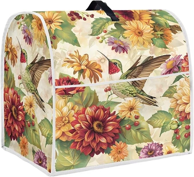 Floral Hummingbird Kitchen Dust Covers for Stand Mixer with Handle & Storage Pocket Oil-Resistant Food Processor Covers for Kitchen Counter Universal Fits 6-8 Qt Kitchen Mixers