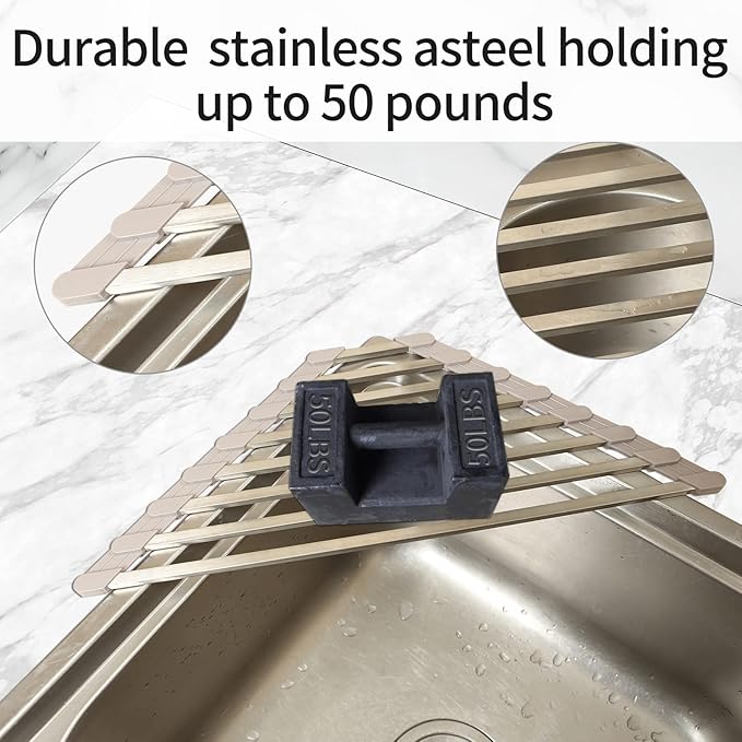 Triangle Dish Drying Rack for Sink Corner Roll Up Dish Drying Rack Folding Stainless Steel Multipurpose Over The Sink Corner Dish Drainer Mat for Kitchen (Hard and Stable Grey)