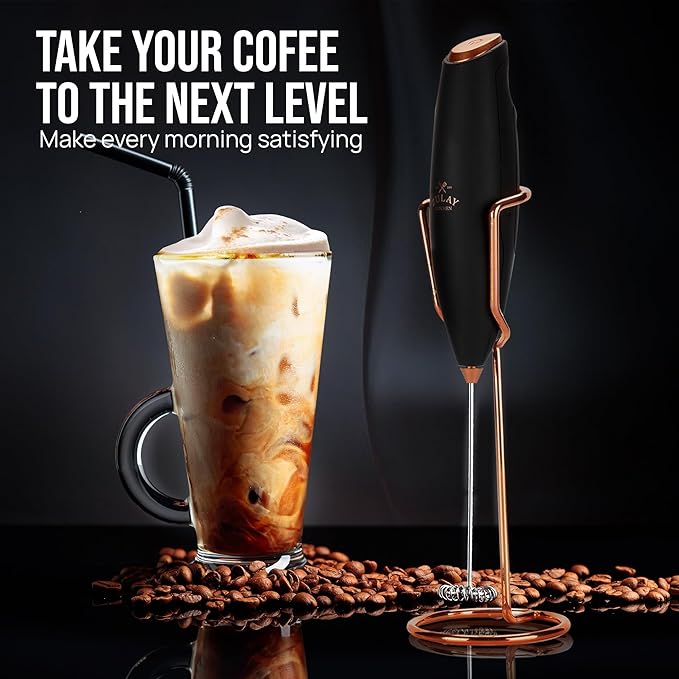 Zulay Kitchen Powerful Milk Frother Wand With Duracell Batteries - Ultra Fast Handheld Drink Mixer - Electric Whisk Foam Maker for Coffee, Lattes, Cappuccino & Matcha - Z1 Motor - Exec Black Copper